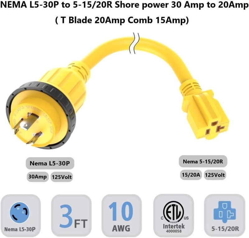 ADCAUDX 3FT 30-Amp to 20-Amp Marine-Shore Power-Adapter Cord, NEMA L5-30P to 5-15/20R, 10AWG 30Amp to 20Amp T Blade Marine Power Adaptor,Twist Lock 125V 30A to 20A/15A 110 Household outlet Pigtail for Boat,RV - Image 2
